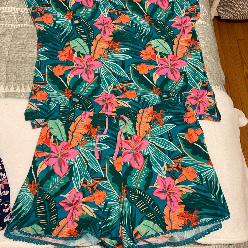Cuddl Duds Tropical Floral Pajama Set - Pink, Orange, Green